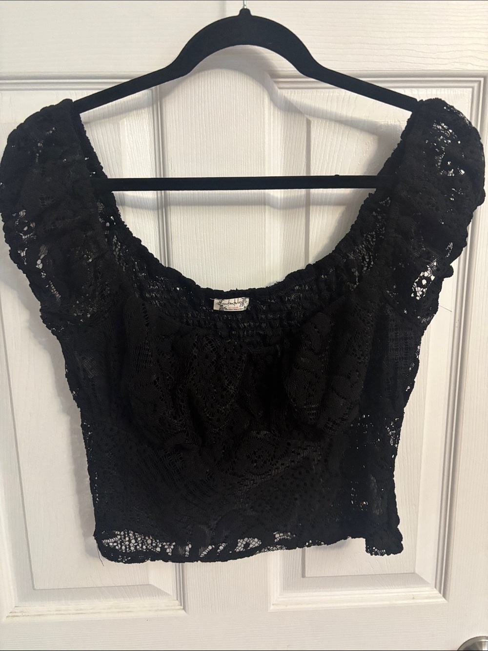 Free People Black Lace Puff-Sleeve Crop Top
